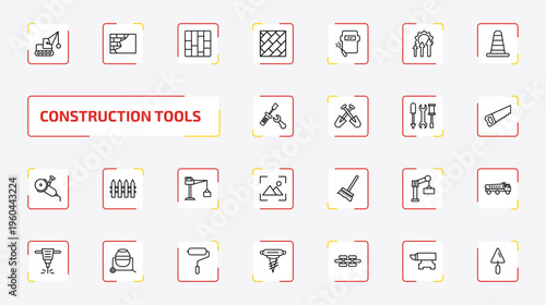 construction tools outline icon set. 25 linear vector for ui, web and mobile. thin line demolition, concrete, paving and more icons.
