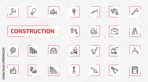 construction outline icon set. 25 linear vector for ui, web and mobile. thin line sledge hammer, wedge tool, little snowplow and more icons.