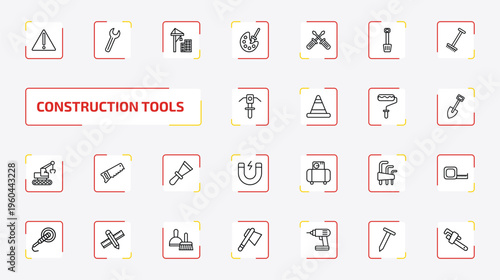 construction tools outline icon set. 25 linear vector for ui, web and mobile. thin line warning, spanner, constructions and more icons.