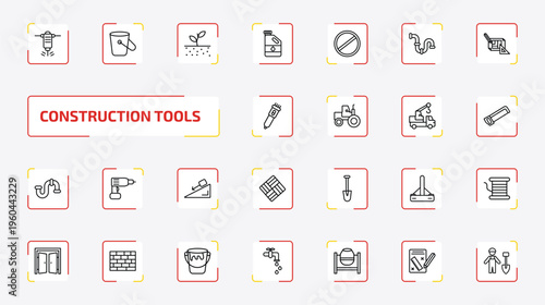 construction tools outline icon set. 25 linear vector for ui, web and mobile. thin line hydraulic breaker, bucket, soil and more icons.