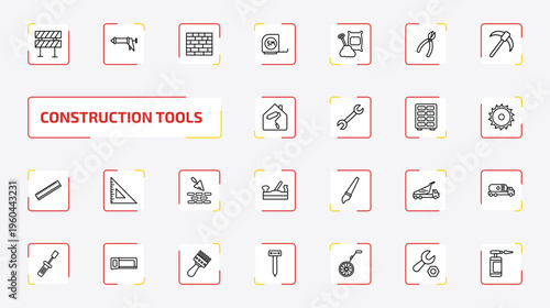 construction tools outline icon set. 25 linear vector for ui, web and mobile. thin line barrier, caulk gun, brick wall and more icons.