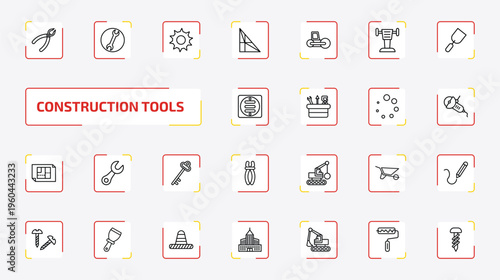 construction tools outline icon set. 25 linear vector for ui, web and mobile. thin line repair pliers, round wrench, circular saw and more icons.