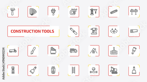 construction tools outline icon set. 25 linear vector for ui, web and mobile. thin line inclined hammer, pantone, hook with cargo and more icons.