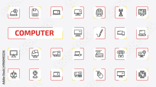 computer outline icon set. 25 linear vector for ui, web and mobile. thin line dvd drive, save file, laptop computer screen and more icons.