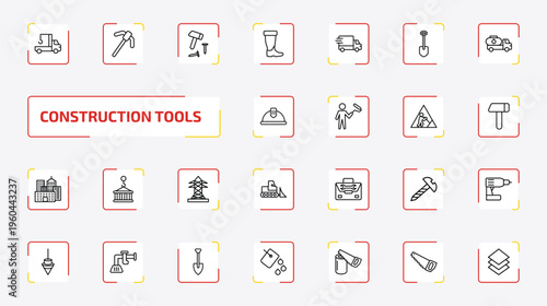 construction tools outline icon set. 25 linear vector for ui, web and mobile. thin line crane truck, gardening digger, hammer and nail and more icons.