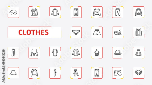 clothes outline icon set. 25 linear vector for ui, web and mobile. thin line cat eye glasses, oxford wave blazer, turtleneck and more icons.