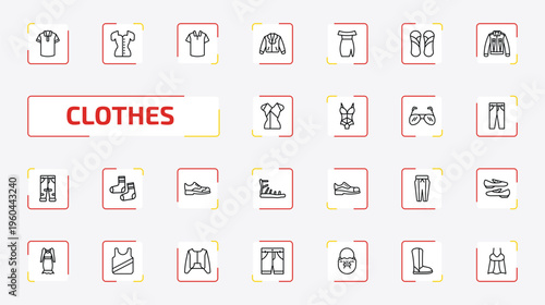 clothes outline icon set. 25 linear vector for ui, web and mobile. thin line polo shirt, blouse, cotton polo shirt and more icons.