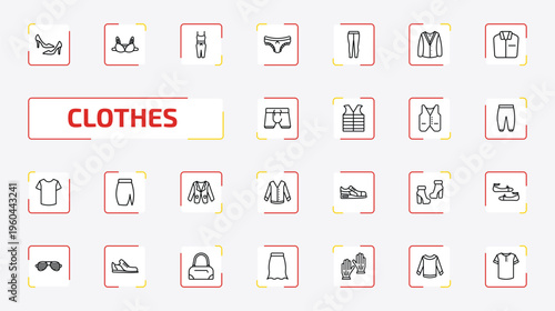 clothes outline icon set. 25 linear vector for ui, web and mobile. thin line high heel, bra, jumpsuit and more icons.