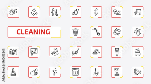 cleaning outline icon set. 25 linear vector for ui, web and mobile. thin line hand washing, neat, cleaner and more icons.