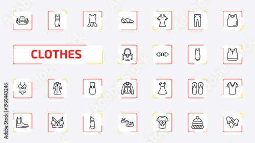 clothes outline icon set. 25 linear vector for ui, web and mobile. thin line messenger bag, drees, peplum top and more icons.
