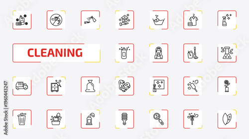 cleaning outline icon set. 25 linear vector for ui, web and mobile. thin line softener, no water cleanin, sterilization and more icons.