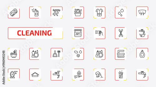 cleaning outline icon set. 25 linear vector for ui, web and mobile. thin line sponges, , squeeze and more icons.