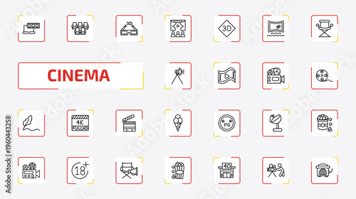 cinema outline icon set. 25 linear vector for ui, web and mobile. thin line laptop with film strip, theatre seats, 3d movie and more icons.