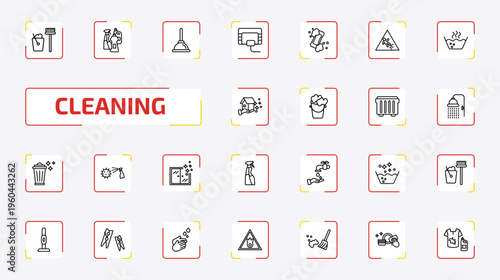 cleaning outline icon set. 25 linear vector for ui, web and mobile. thin line dustpan cleanin, cleaning products, plunger and more icons.