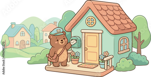 Adobe Illustrator Artwork bear delivering mail to house, cheerful scene BOOK COVER CLIP ART.