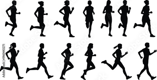 Collection of Female Runner Silhouettes Jogging and Sprinting in Various Action Poses Isolated on White Background for Fitness Athletics and Training