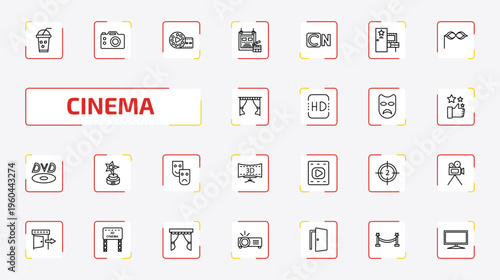 cinema outline icon set. 25 linear vector for ui, web and mobile. thin line take away drink, dslr camera, film reel playing and more icons.