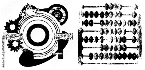 Retro industrial gear mechanism and traditional abacus for arithmetic, black and white vector design, historical computing tools, isolated technical illustration.