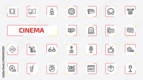 cinema outline icon set. 25 linear vector for ui, web and mobile. thin line cinema screen, 3d video, award and more icons.