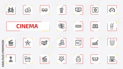 cinema outline icon set. 25 linear vector for ui, web and mobile. thin line red carpet, two movie tickets, cinema seats and more icons.