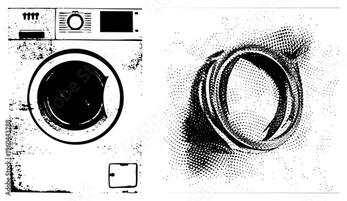 Retro laundry appliance with halftone shading, circular door, control panel, dot texture, stylized vector graphic.