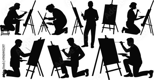 Collection of professional artist silhouettes working on canvases with easels including various kneeling standing and sitting poses for creative projects