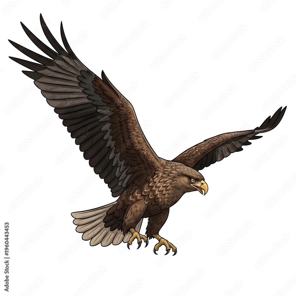 Fototapeta premium Brown eagle in flight with outstretched wings and talons extended