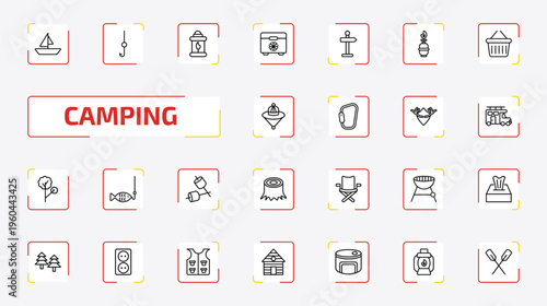 camping outline icon set. 25 linear vector for ui, web and mobile. thin line boat, hook, fire lamp and more icons.