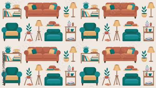 A colorful illustration of various furniture pieces arranged in a repeating pattern on a beige background