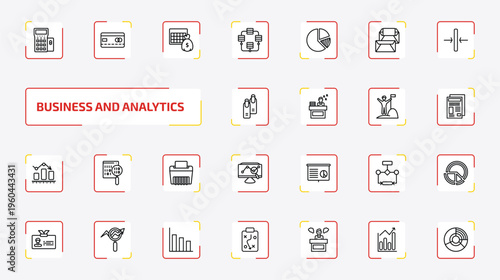 business and analytics outline icon set. 25 linear vector for ui, web and mobile. thin line terminal, bank card, economy games and more icons.