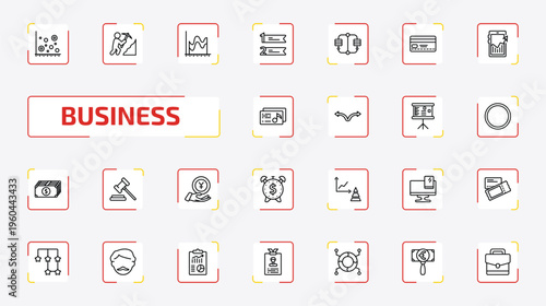 business outline icon set. 25 linear vector for ui, web and mobile. thin line scatter chart, worker digging a hole, smooth line chart and more icons.