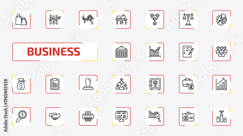 business outline icon set. 25 linear vector for ui, web and mobile. thin line shopping bags, charts, sine waves analysis and more icons.