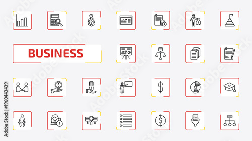 business outline icon set. 25 linear vector for ui, web and mobile. thin line graphic chart, supplies, man with money gears and more icons.