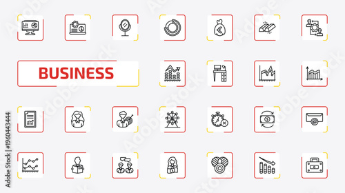 business outline icon set. 25 linear vector for ui, web and mobile. thin line analytics monitor, laptop analysis, hair salon and more icons.