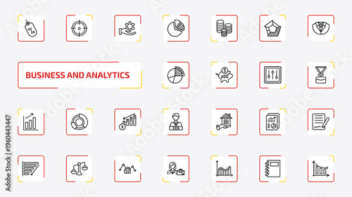 business and analytics outline icon set. 25 linear vector for ui, web and mobile. thin line sale tag, target, revenue and more icons.