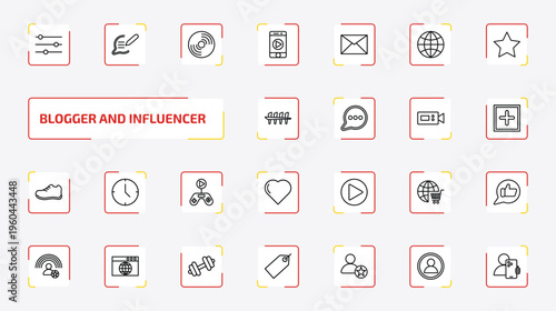 blogger and influencer outline icon set. 25 linear vector for ui, web and mobile. thin line filter, blog, vinyl and more icons.
