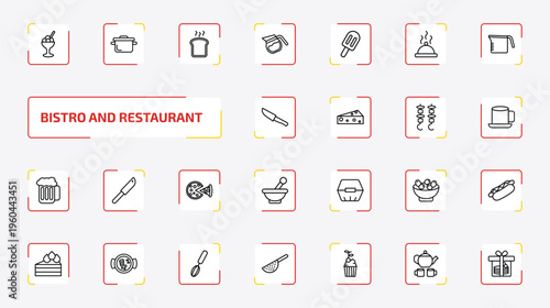 bistro and restaurant outline icon set. 25 linear vector for ui, web and mobile. thin line ice cream balls cup, bistro pot, toasted bread and more icons.
