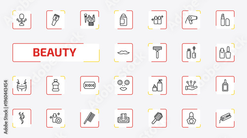 beauty outline icon set. 25 linear vector for ui, web and mobile. thin line beauty salon chair, hair clipper, makeup and more icons.