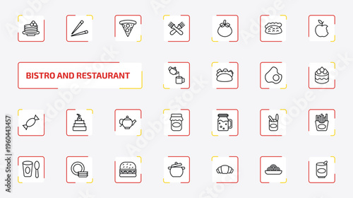 bistro and restaurant outline icon set. 25 linear vector for ui, web and mobile. thin line crepe and cream, chopsticks, pepperoni pizza slice more icons.