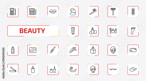 beauty outline icon set. 25 linear vector for ui, web and mobile. thin line big makeup box, eye shadow, woman lips and more icons.