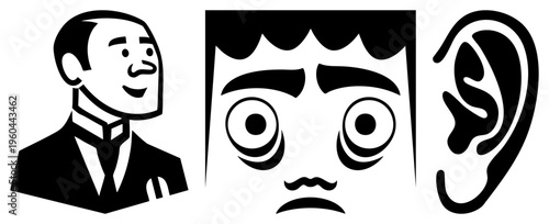 Simplified vector of a smiling businessman, a startled face with mustache, and a detailed ear all in bold black, isolated flat design elements.