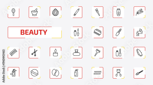 beauty outline icon set. 25 linear vector for ui, web and mobile. thin line inclined hairbrush, mortar bowl, hair sample and more icons.