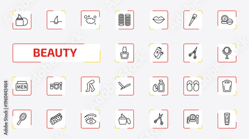 beauty outline icon set. 25 linear vector for ui, web and mobile. thin line moisturizer, hair, foam and more icons.
