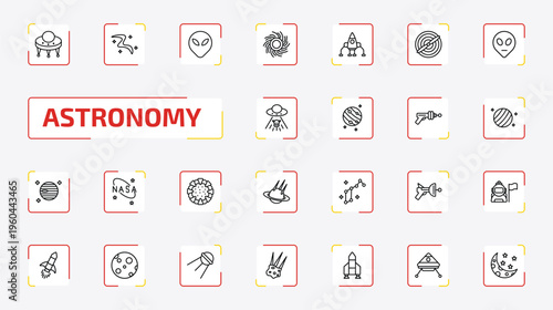astronomy outline icon set. 25 linear vector for ui, web and mobile. thin line big ufo, milky way, extraterrestial head and more icons.