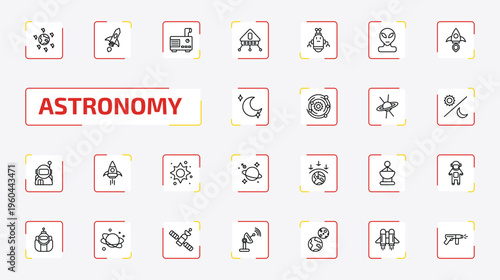 astronomy outline icon set. 25 linear vector for ui, web and mobile. thin line space junk, space ship, generator and more icons.