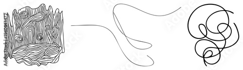 Three distinct black drawings textured wood grain, flowing curves, and tangled scribbles. Minimalist vector art, abstract composition, hand drawn, graphic design elements.