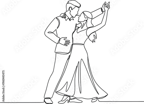 Minimalist continuous line drawing captures an elegant couple performing a graceful ballroom dance together