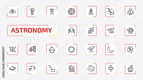 astronomy outline icon set. 25 linear vector for ui, web and mobile. thin line alien with aqualung, capsule parachute, dioptra and more icons.