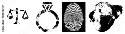 Grunge style vector of justice scales, engagement ring, fingerprint, and rough stone, ideal for UI or symbolic design. Grungy, textured,, stylized.