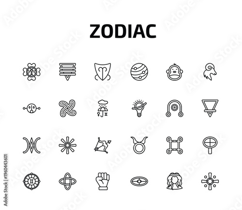 zodiac outline icon set. 24 linear vector for ui, web and mobile. thin line gods protection, soapstone, devotion and more icons.